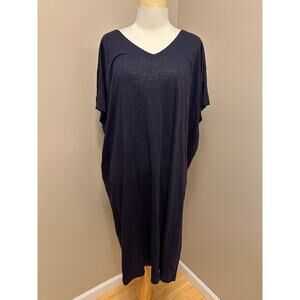 Eileen Fisher Organic Linen Short Sleeve Dolman/Batwing V-Neck Dress Navy Sz XL